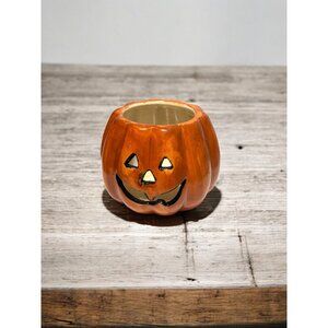 Ceramic Pumpkin Candle Holder With Jack-O-Lantern Design Orange & Black Hallowee